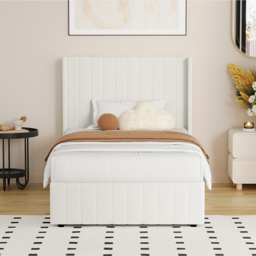 Oikiture Bed Frame King Single Gas Lift Base Boucle Fabric White