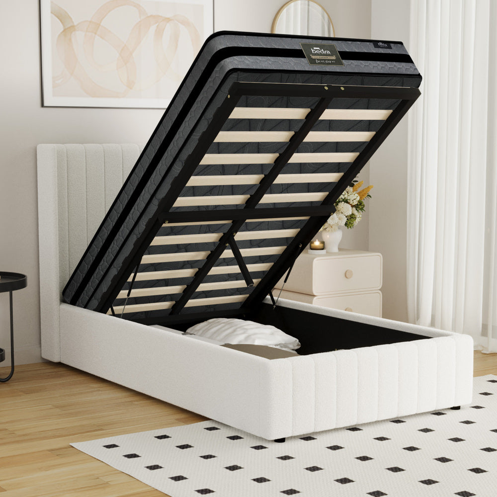 Oikiture Bed Frame with Mattress Set King Single Gas Lift Boucle BILY