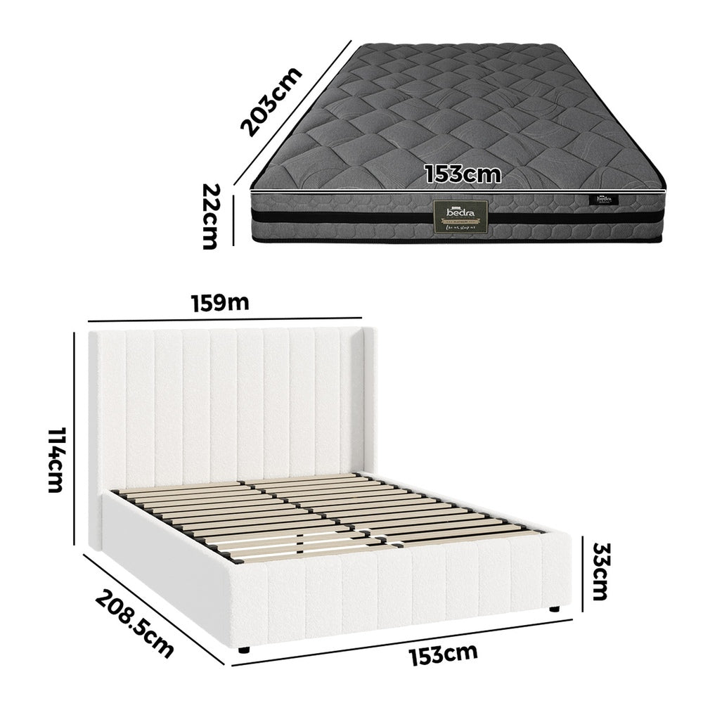 Oikiture Bed Frame with Mattress Set Queen Size Gas Lift Boucle BILY