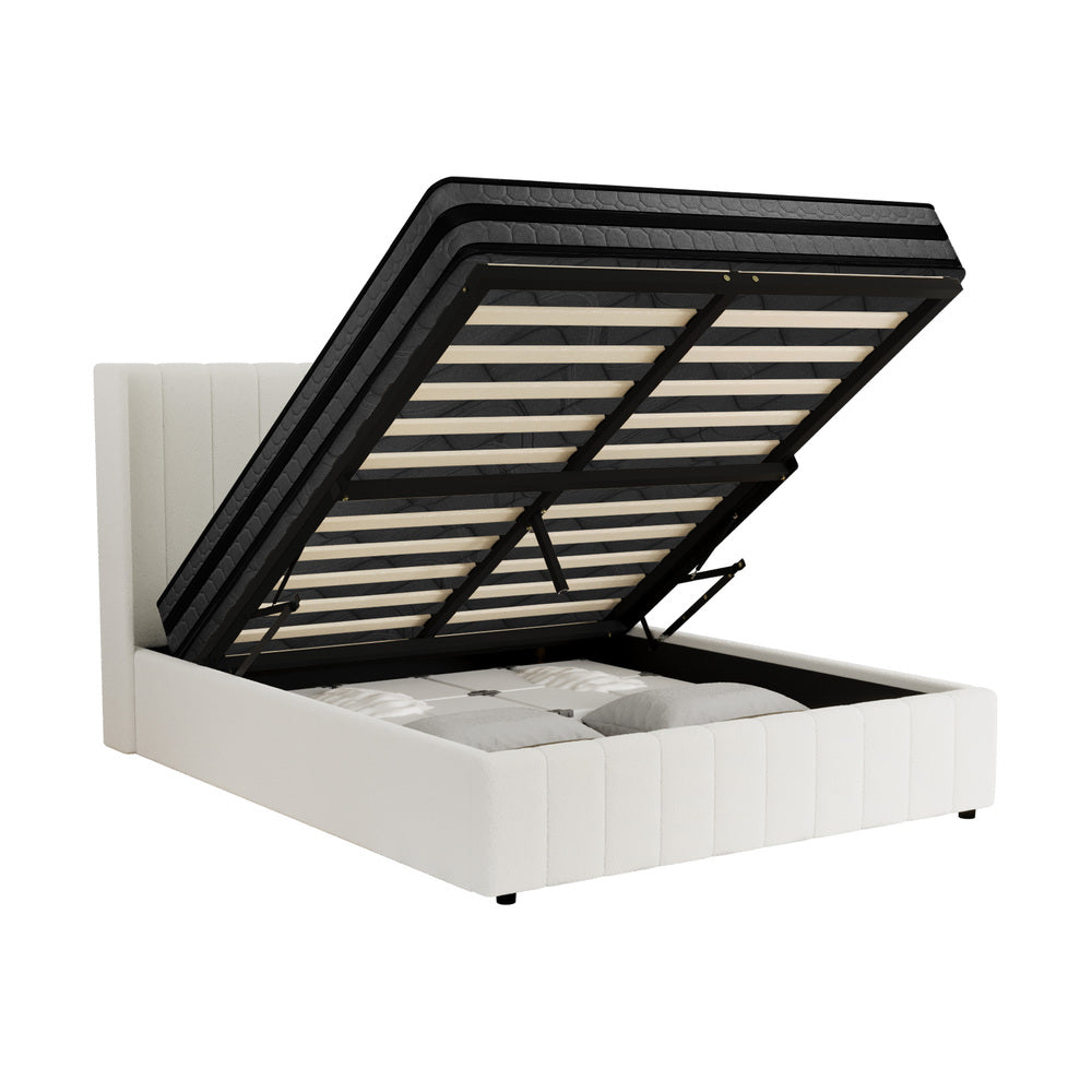 Oikiture Bed Frame with Mattress Set Queen Size Gas Lift Boucle BILY