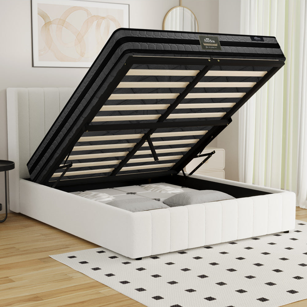 Oikiture Bed Frame with Mattress Set Queen Size Gas Lift Boucle BILY