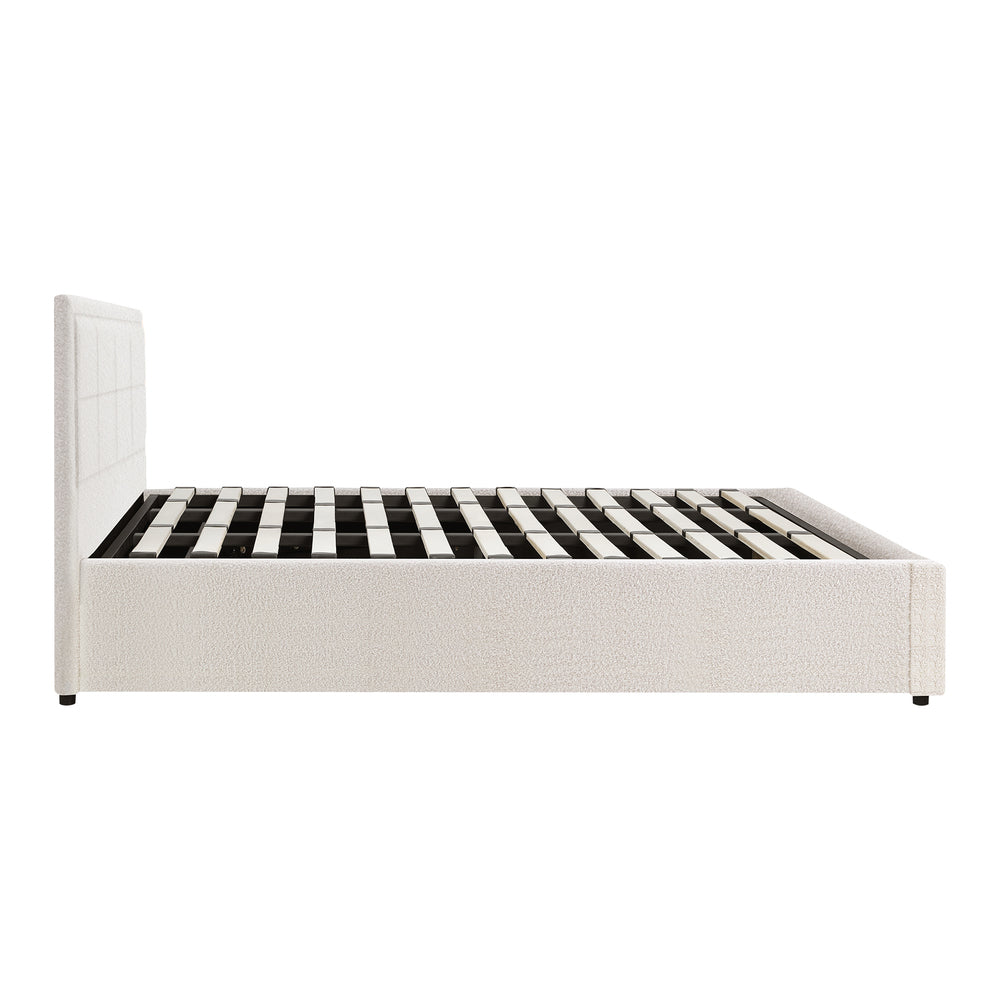 Oikiture King Bed Frame Gas Lift Storage Base Boucle White