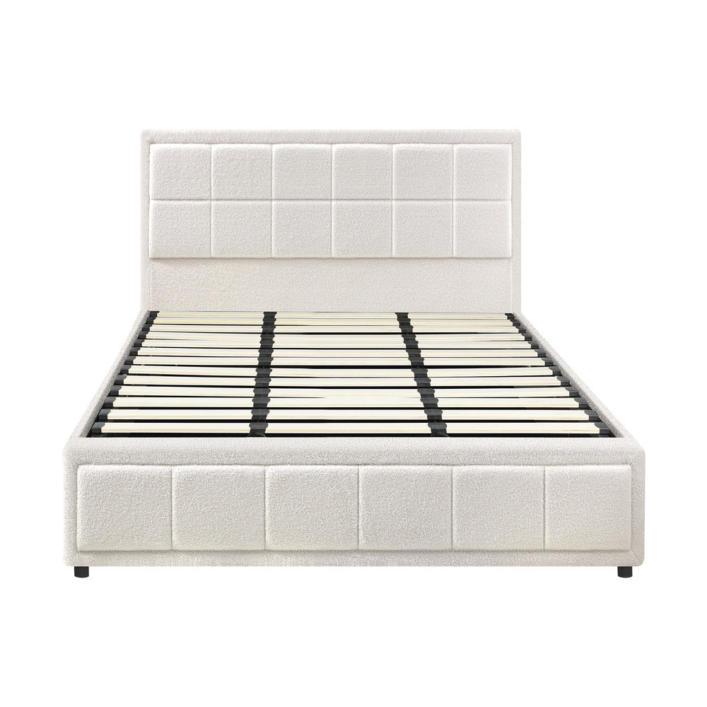 Oikiture King Bed Frame Gas Lift Storage Base Boucle White