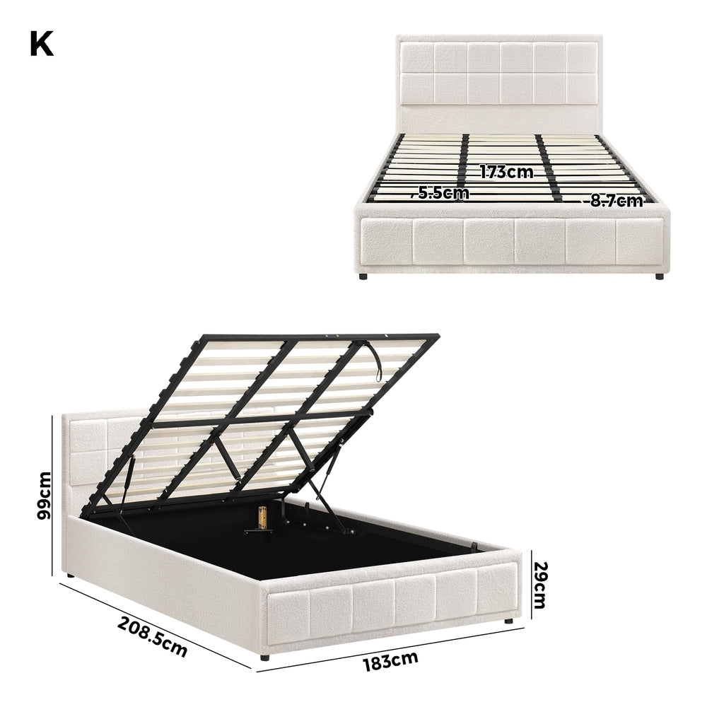 Oikiture King Bed Frame Gas Lift Storage Base Boucle White