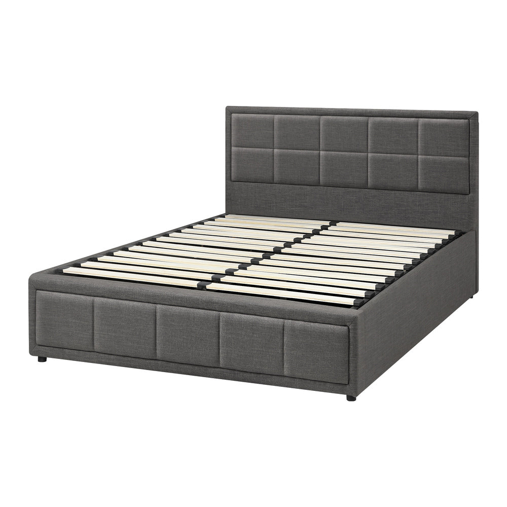 Oikiture Queen Bed Frame Gas Lift Storage Base Fabric Grey