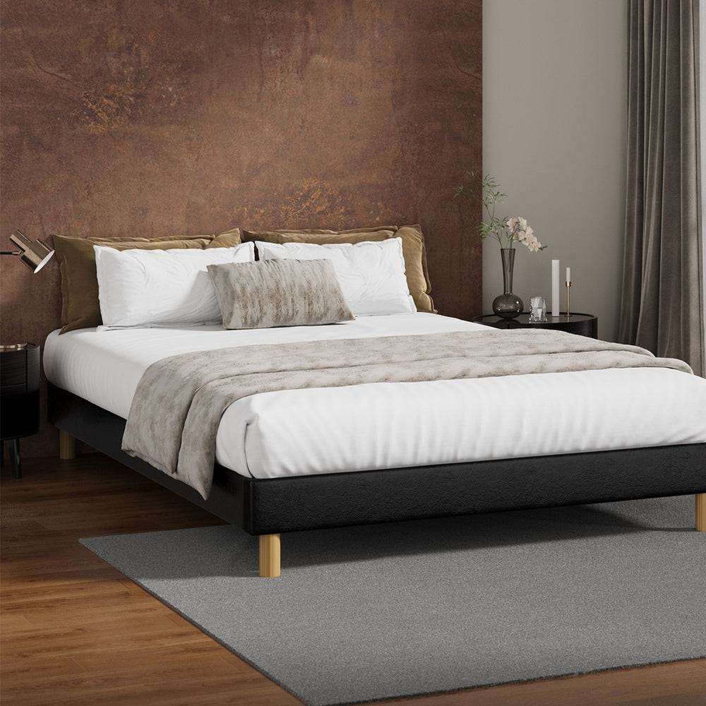 Oikiture Bed Frame Queen Size Bed Base Black Leather