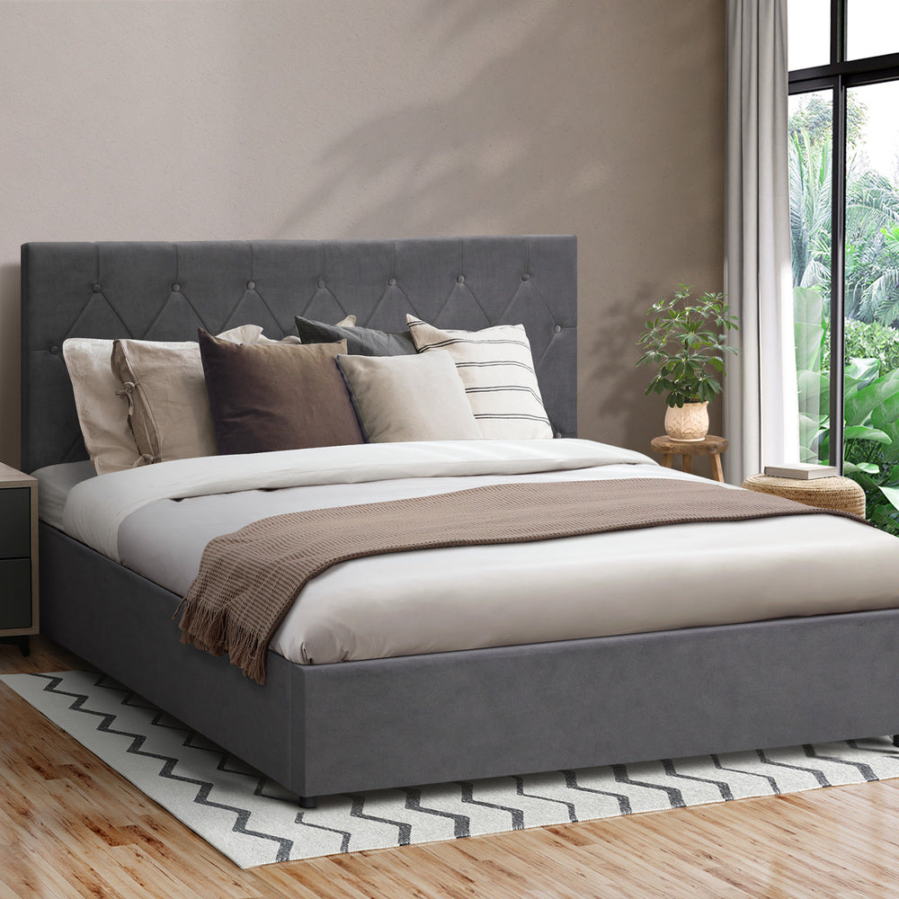 Oikiture Bed Frame Double Size Gas Lift Base Storage Fabric Grey