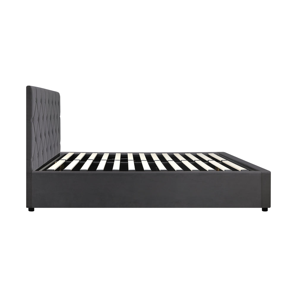 Oikiture Bed Frame Double Size Gas Lift Base Storage Fabric Grey