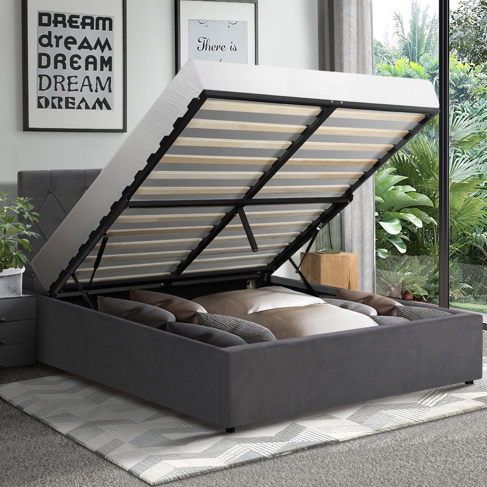 Oikiture Bed Frame Double Size Gas Lift Base Storage Fabric Grey