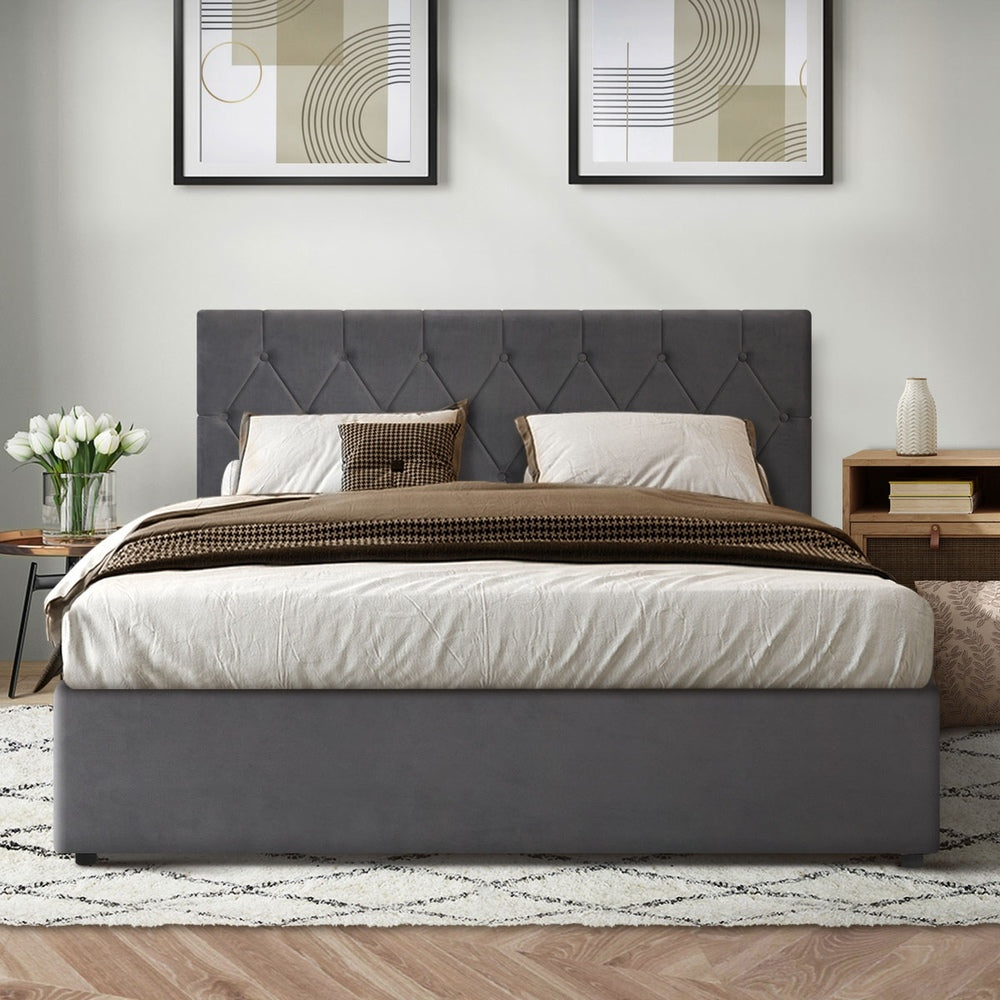Oikiture Bed Frame Double Size Gas Lift Base Storage Fabric Grey