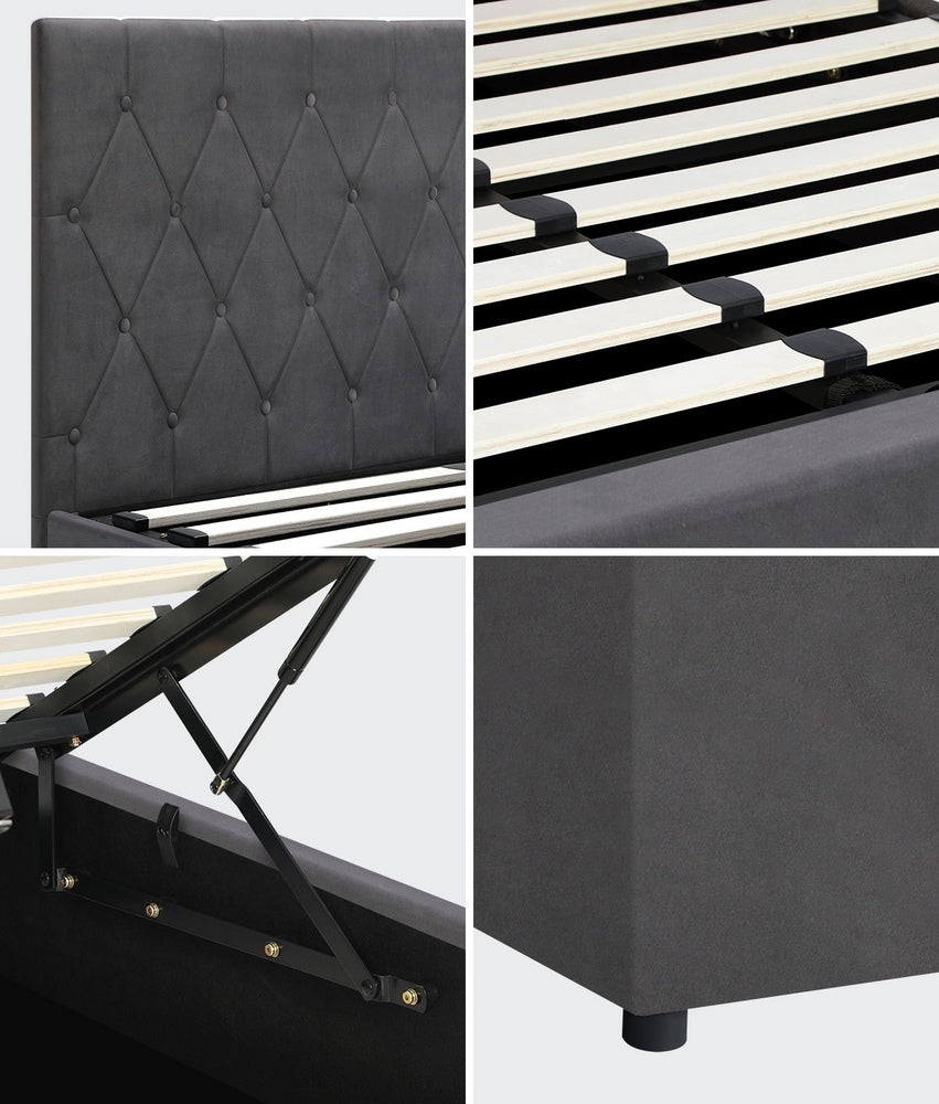 Oikiture Bed Frame Double Size Gas Lift Base Storage Fabric Grey