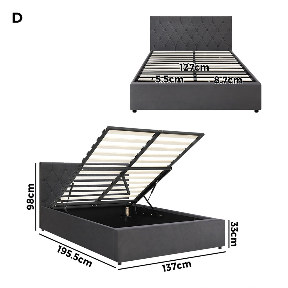 Oikiture Bed Frame Double Size Gas Lift Base Storage Fabric Grey