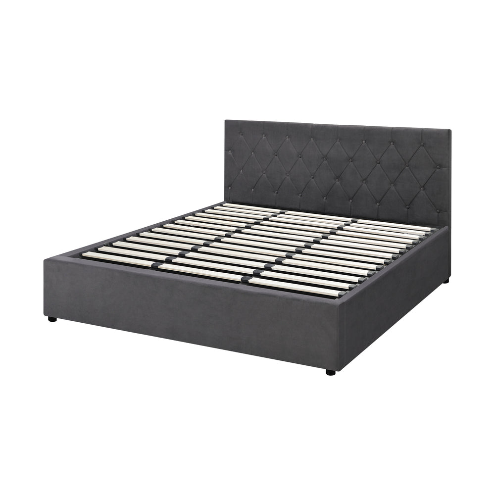 Oikiture Bed Frame King Size Gas Lift Base Storage Fabric Grey