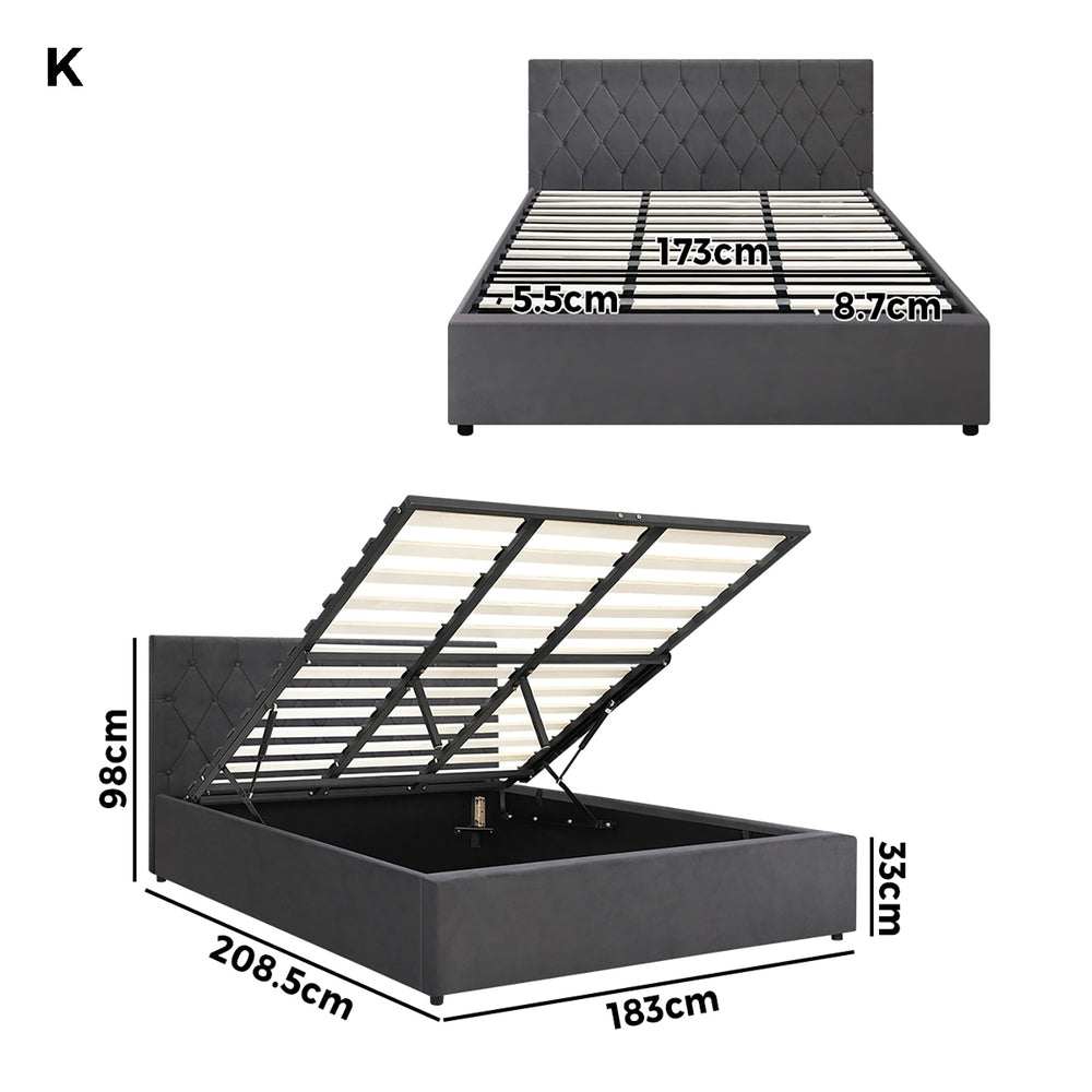 Oikiture Bed Frame King Size Gas Lift Base Storage Fabric Grey