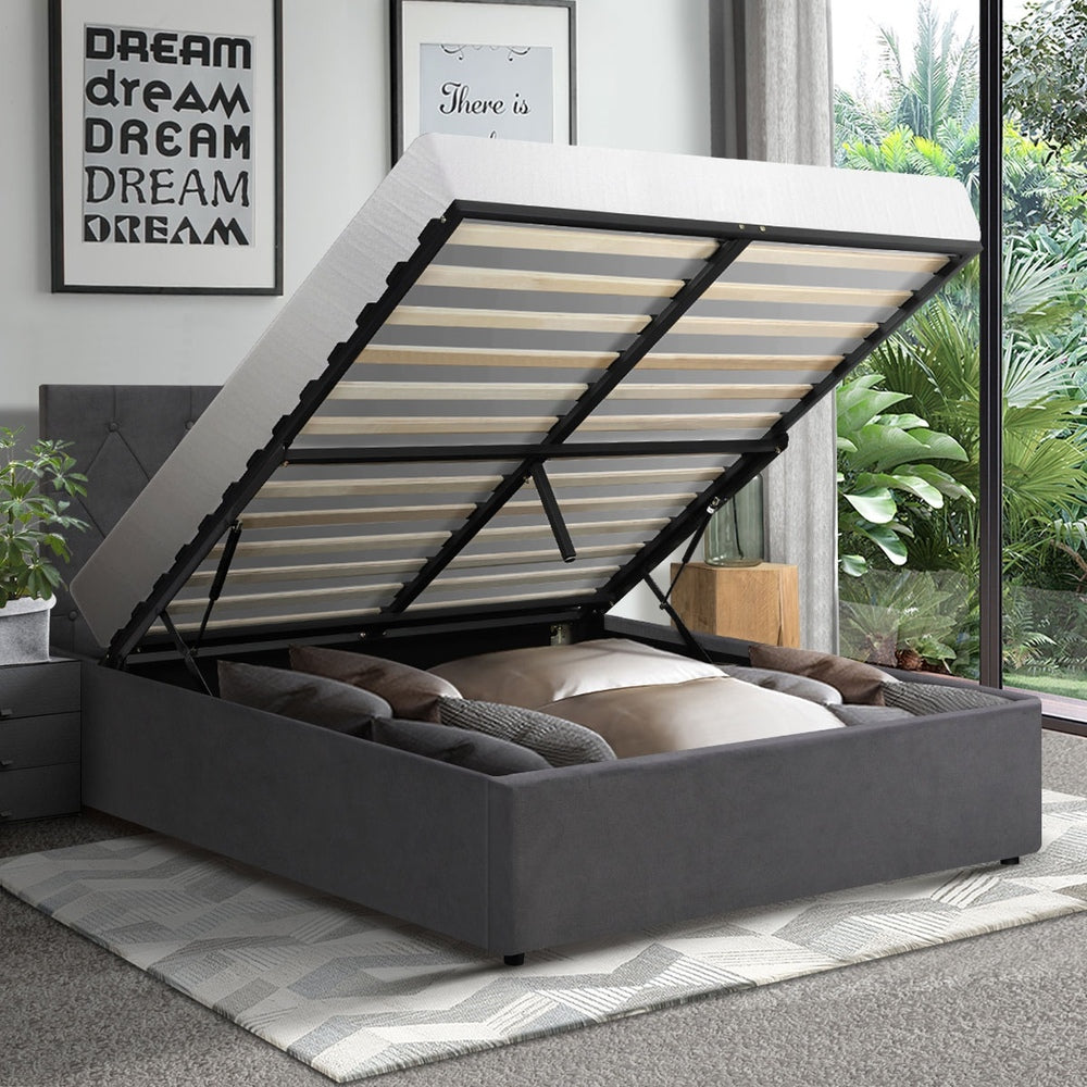 Oikiture Bed Frame King Single Gas Lift Base Storage Fabric Grey