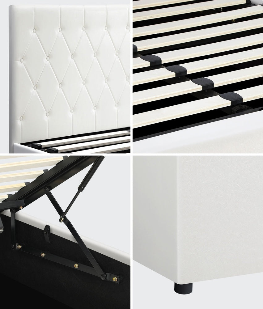 Oikiture Bed Frame King Single Gas Lift Base Storage Leather White