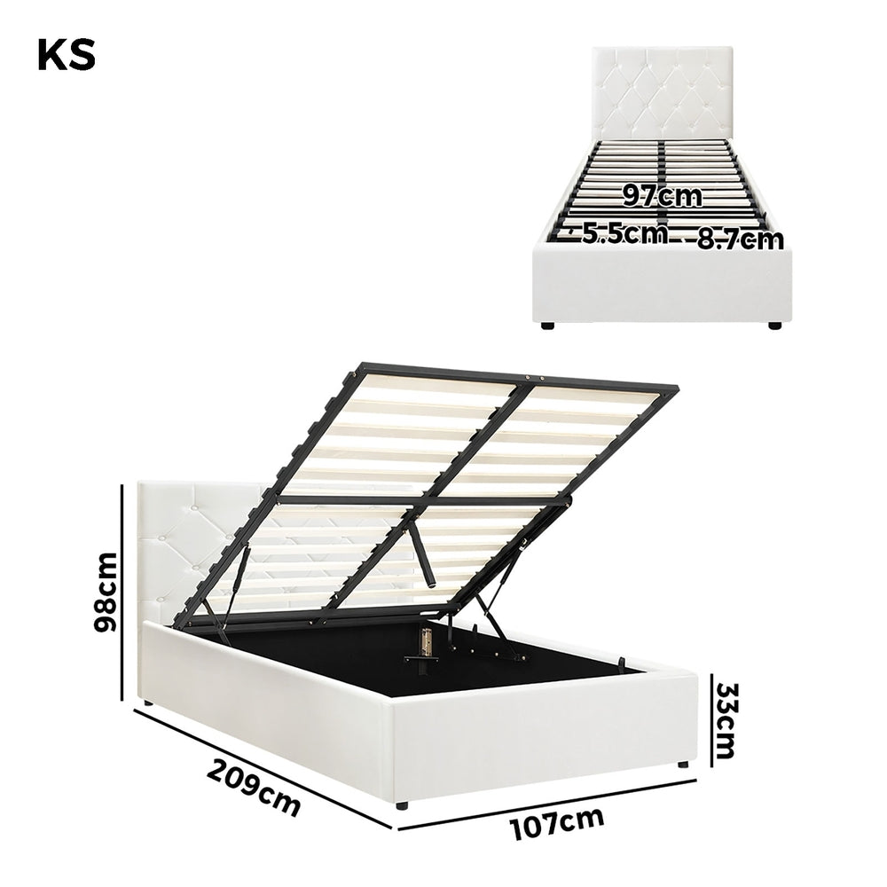 Oikiture Bed Frame King Single Gas Lift Base Storage Leather White