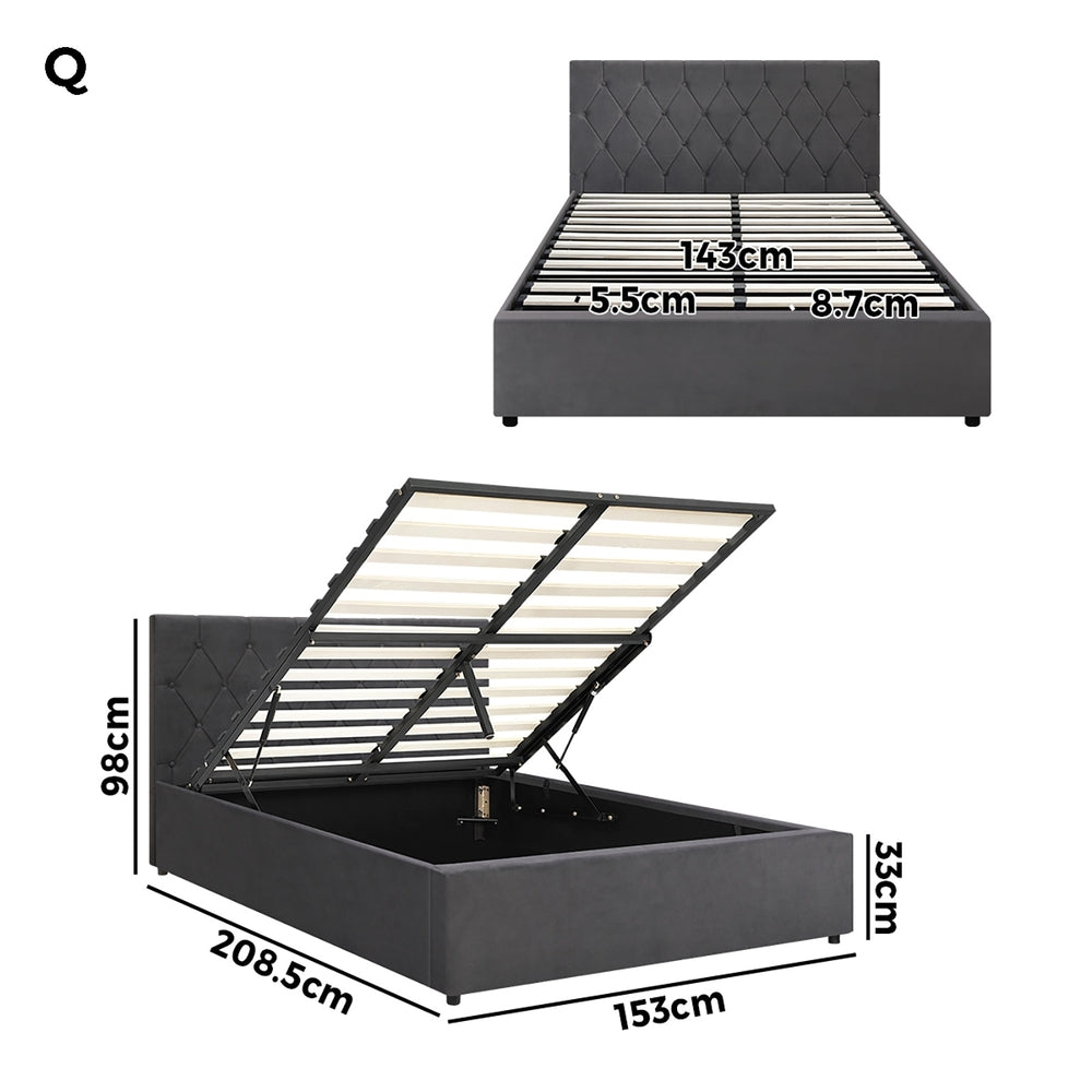 Oikiture Bed Frame Queen Size Gas Lift Base Storage Fabric Grey