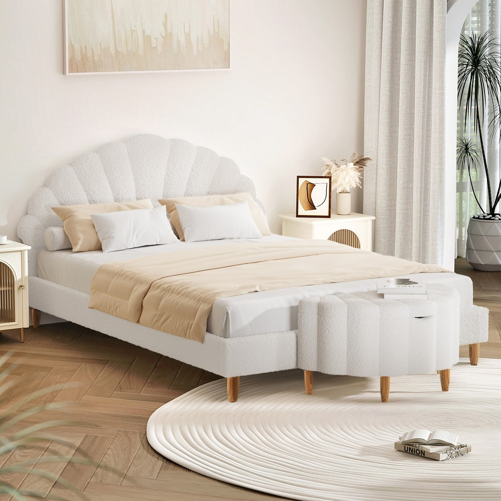 Oikiture Boucle Bed Frame with Ottoman Set Scallop Shaped Sherpa Bedhead Double