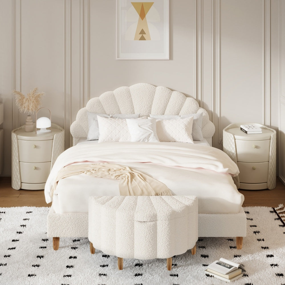 Oikiture Boucle Bed Frame with Ottoman Set Scallop Shaped Sherpa Bedhead Double