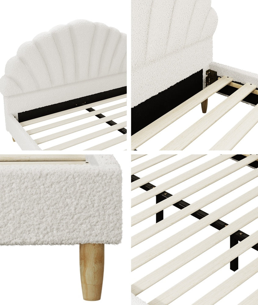 Oikiture Boucle Bed Frame with Ottoman Set Scallop Shaped Sherpa Bedhead Double