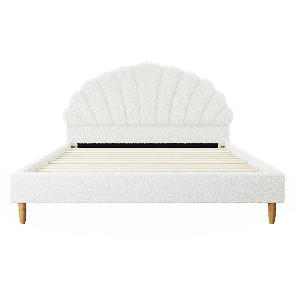 Oikiture Bed Frame Double Size Scallop-Shape Bedhead White Boucle