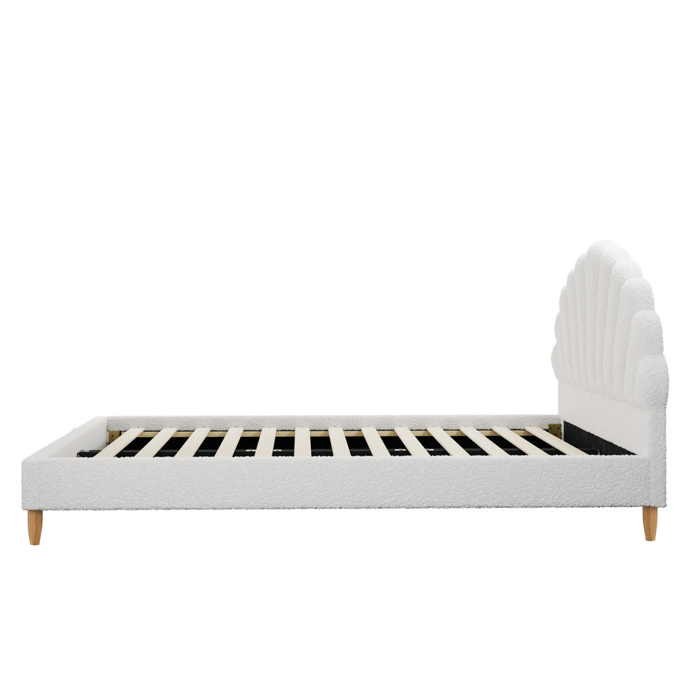 Oikiture Bed Frame Double Size Scallop-Shape Bedhead White Boucle