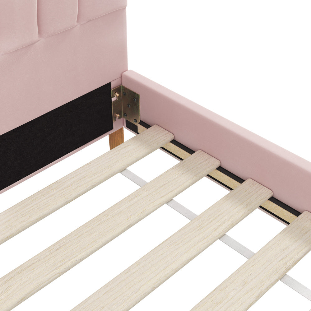 Oikiture Single Bed Frame Scallop-Shape Bedhead Pink Velvet