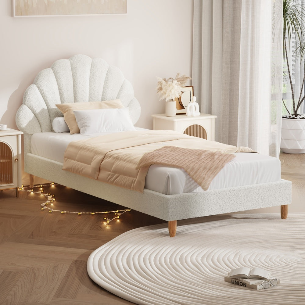 Oikiture Single Bed Frame Scallop-Shape Bedhead White Boucle