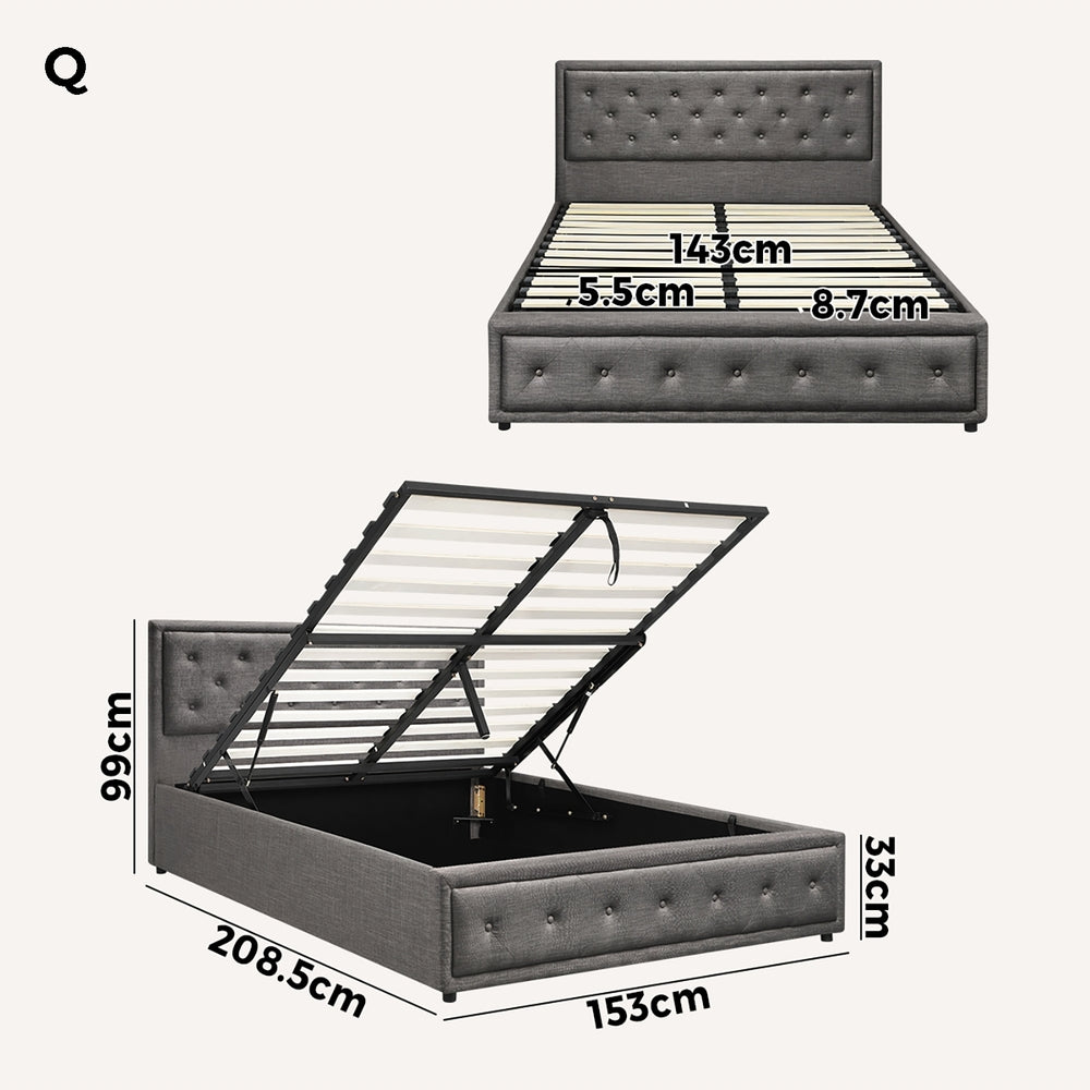 Oikiture Queen Bed Frame with Storage Space Gas Lift Grey