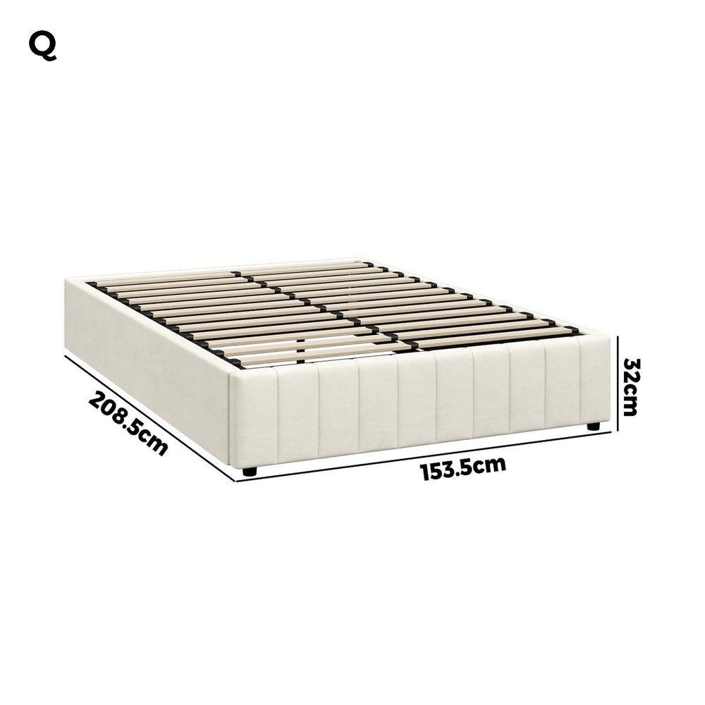 Oikiture Bed Frame Queen Size Gas Lift Storage Base Velvet Cream