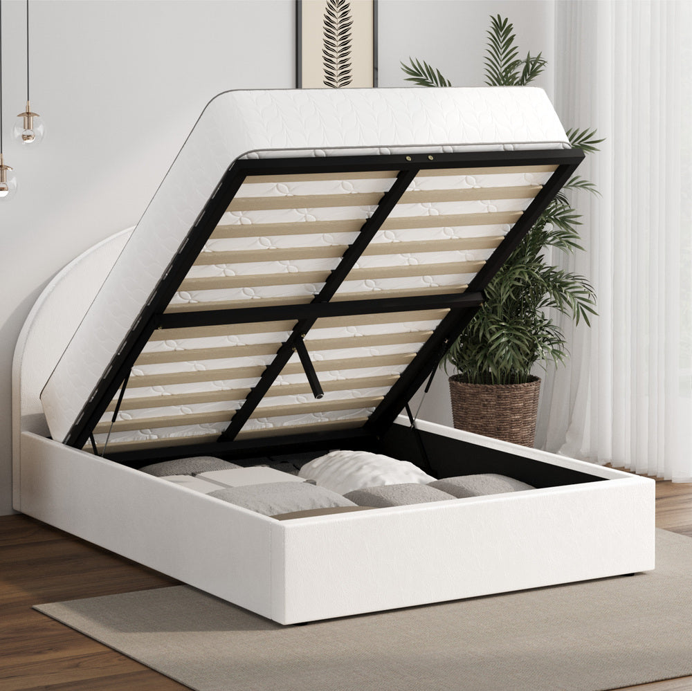 Oikiture Bed Frame Queen Size With Gas Lift Base PU Leather White