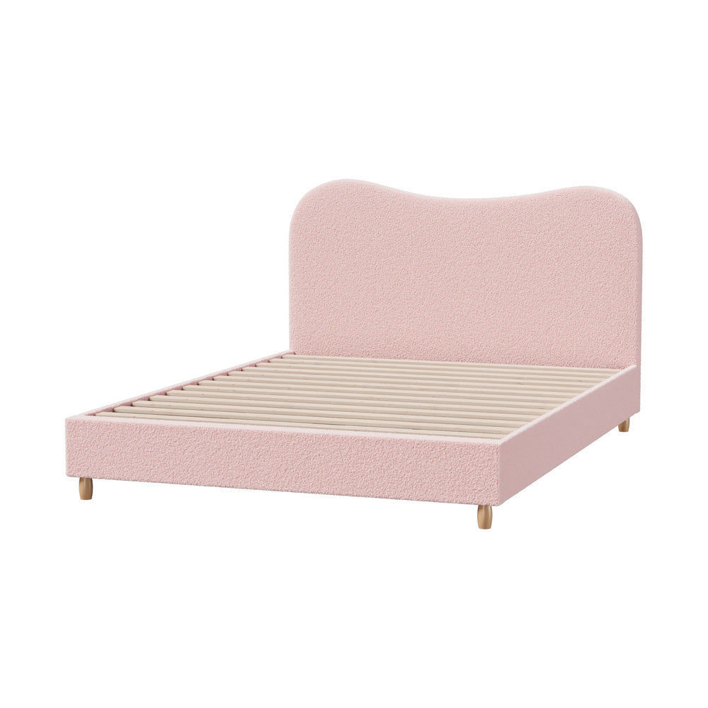 Oikiture Bed Frame Double Size Pink Boucle Cloud Shape