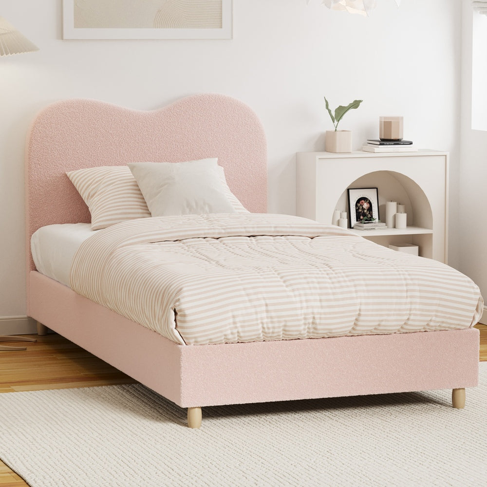 Oikiture Bed Frame King Single Size Pink Boucle Cloud Shape