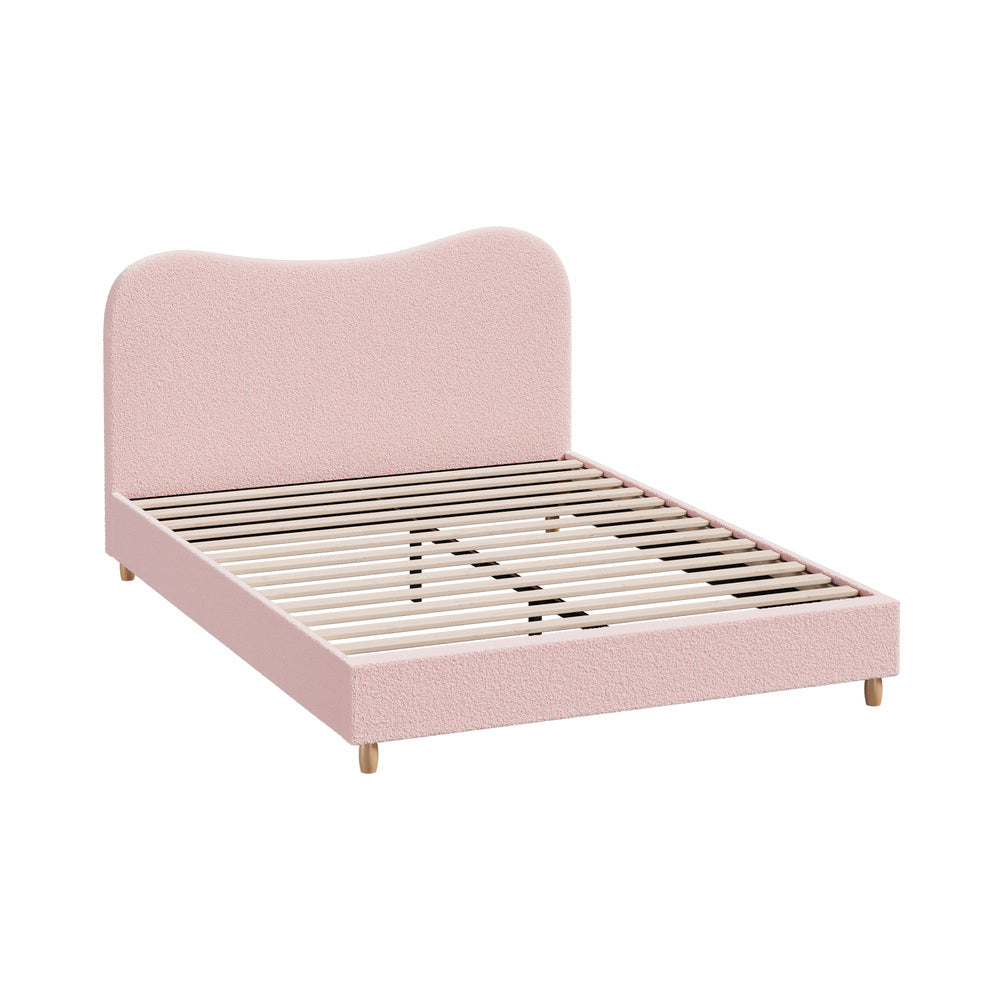 Oikiture Bed Frame Queen Size Pink Boucle Cloud Shape