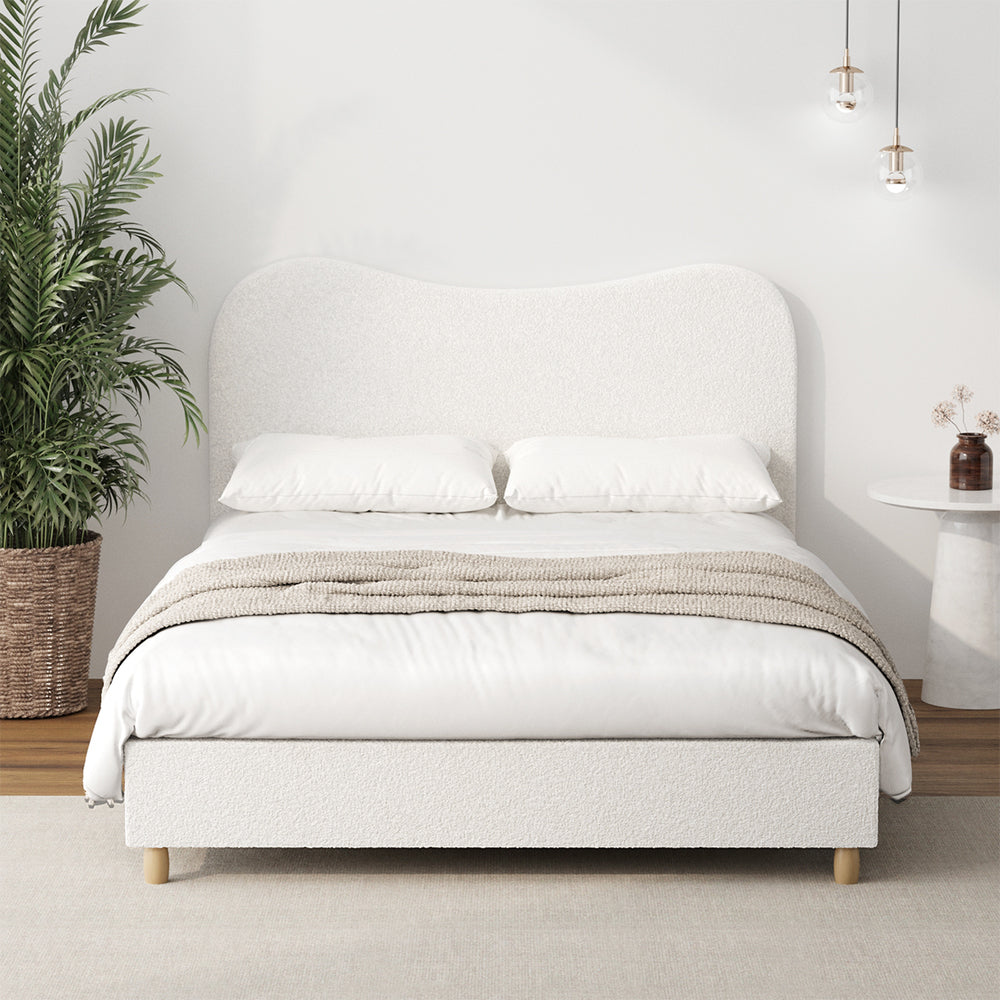 Oikiture Bed Frame Queen Size White Boucle Cloud Shape