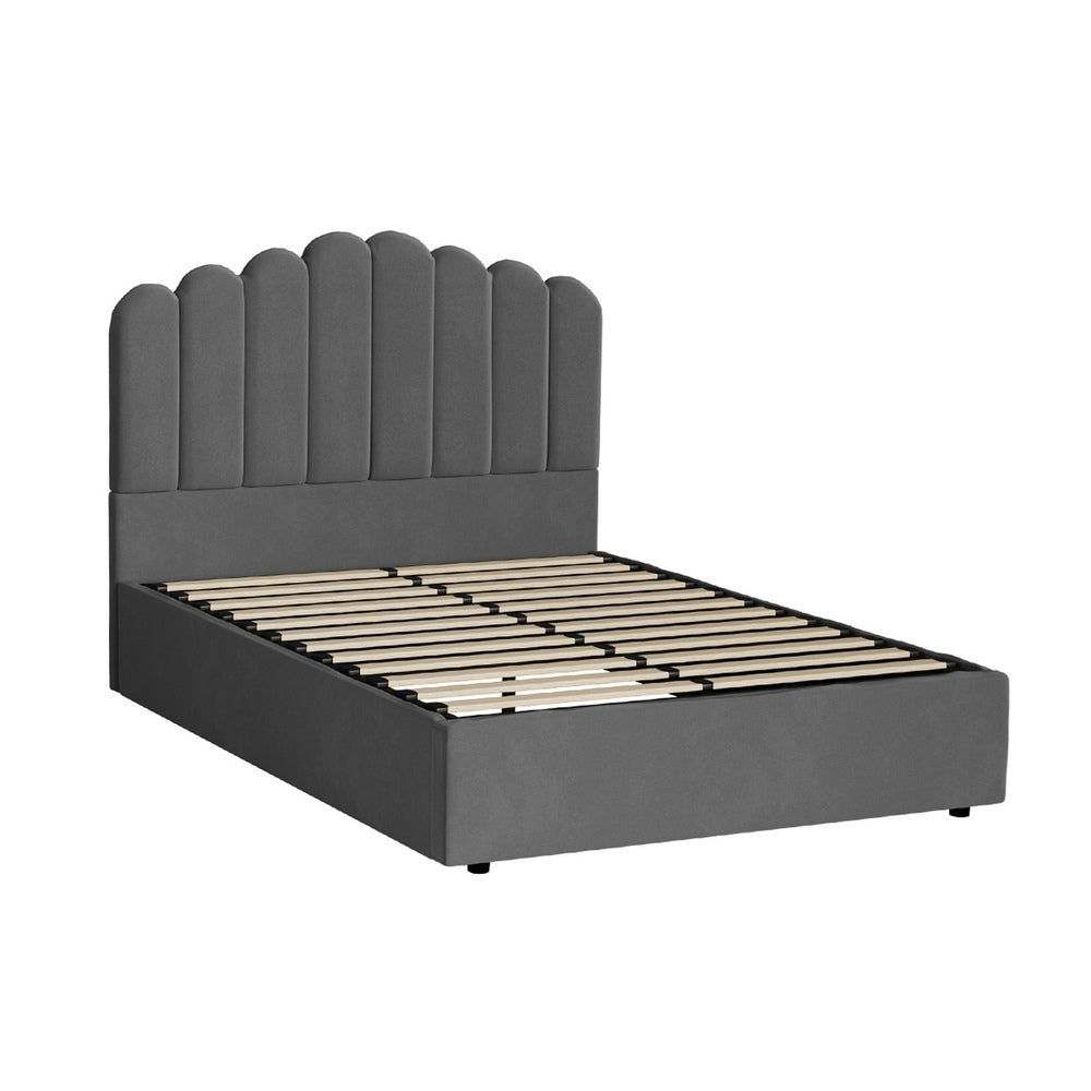 Oikiture Bed Frame Double Size Gas Lift Velvet Grey
