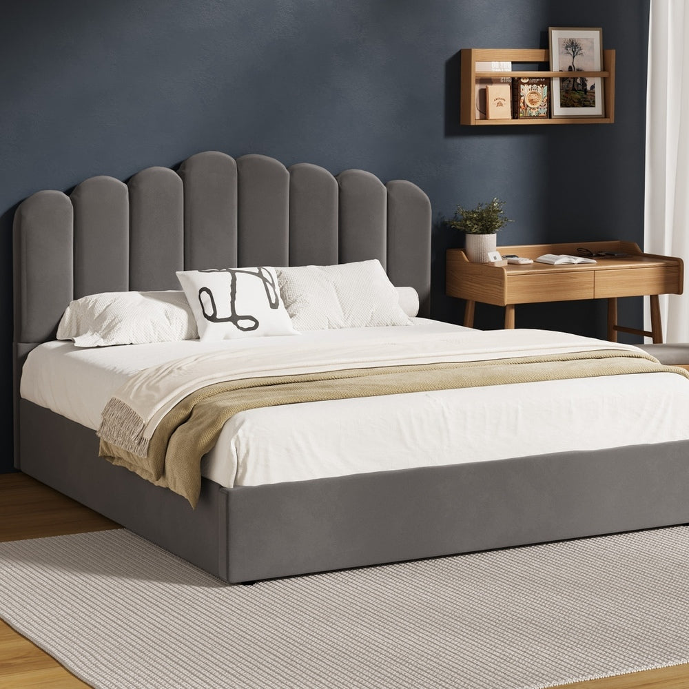 Oikiture Bed Frame King Size Gas Lift Velvet Grey