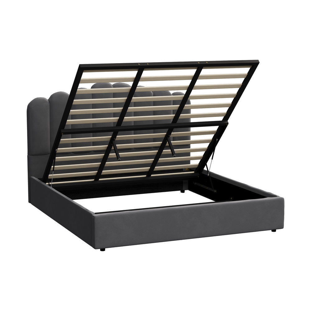 Oikiture Bed Frame King Size Gas Lift Velvet Grey