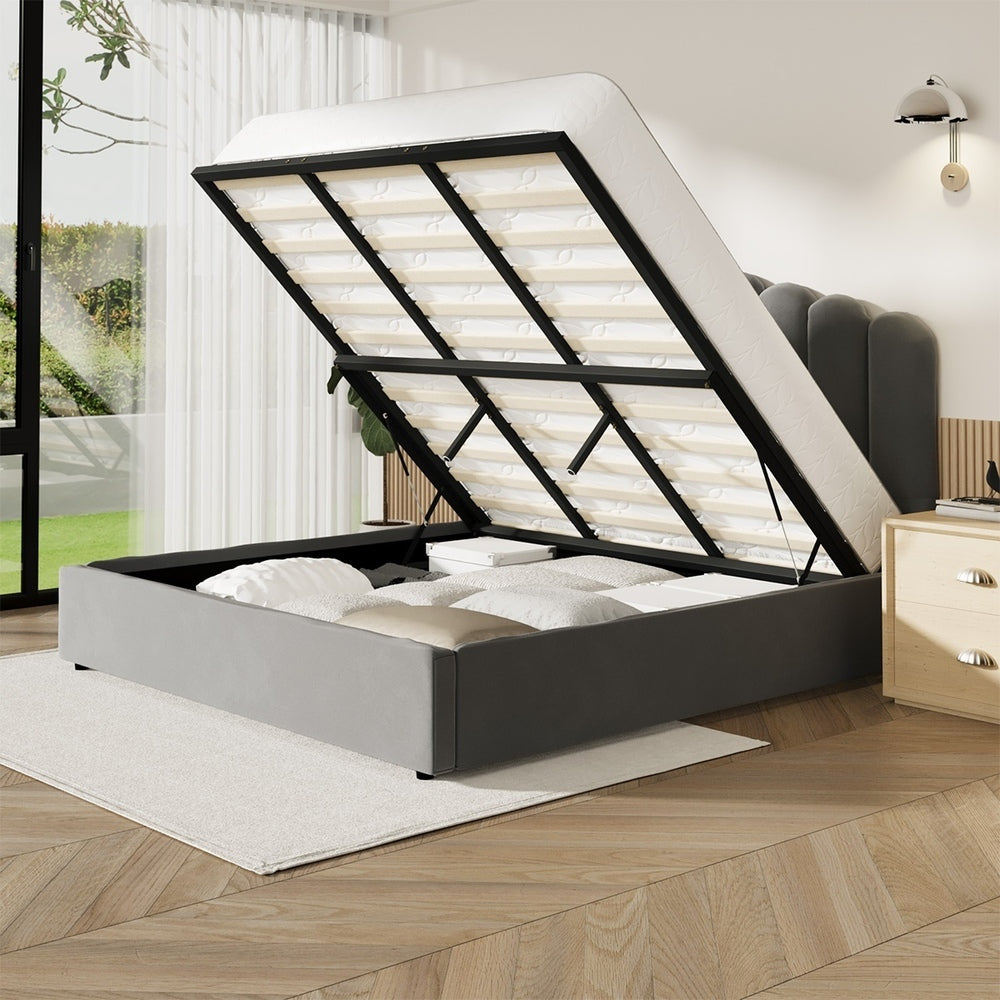 Oikiture Bed Frame King Size Gas Lift Velvet Grey