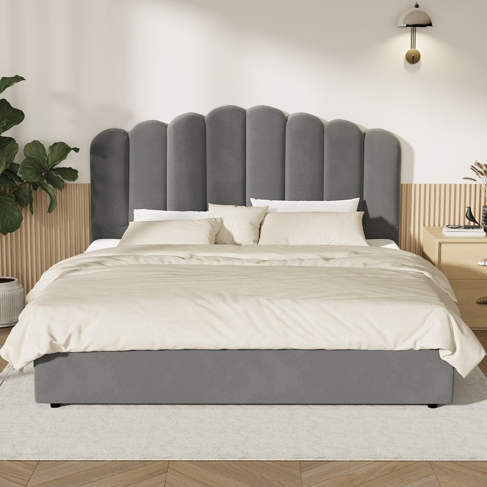 Oikiture Bed Frame King Size Gas Lift Velvet Grey