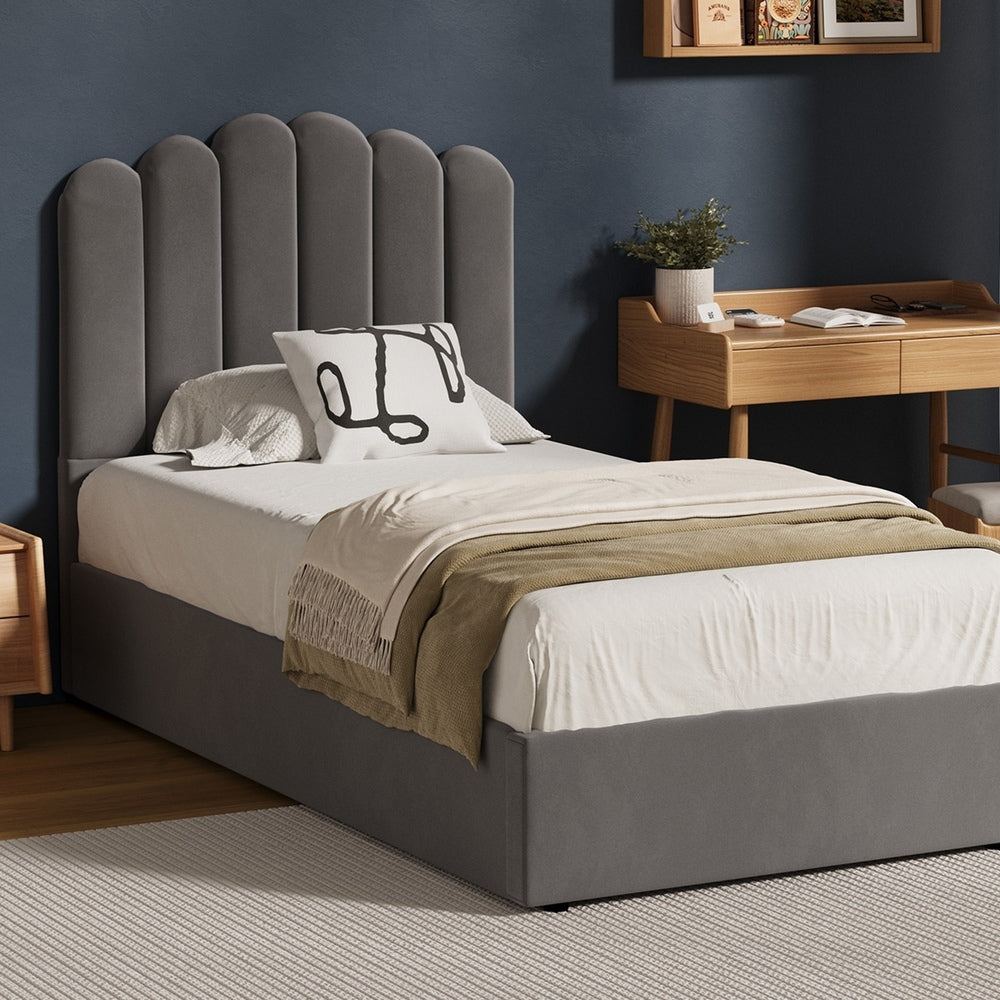 Oikiture Bed Frame King Single Gas Lift Velvet Grey