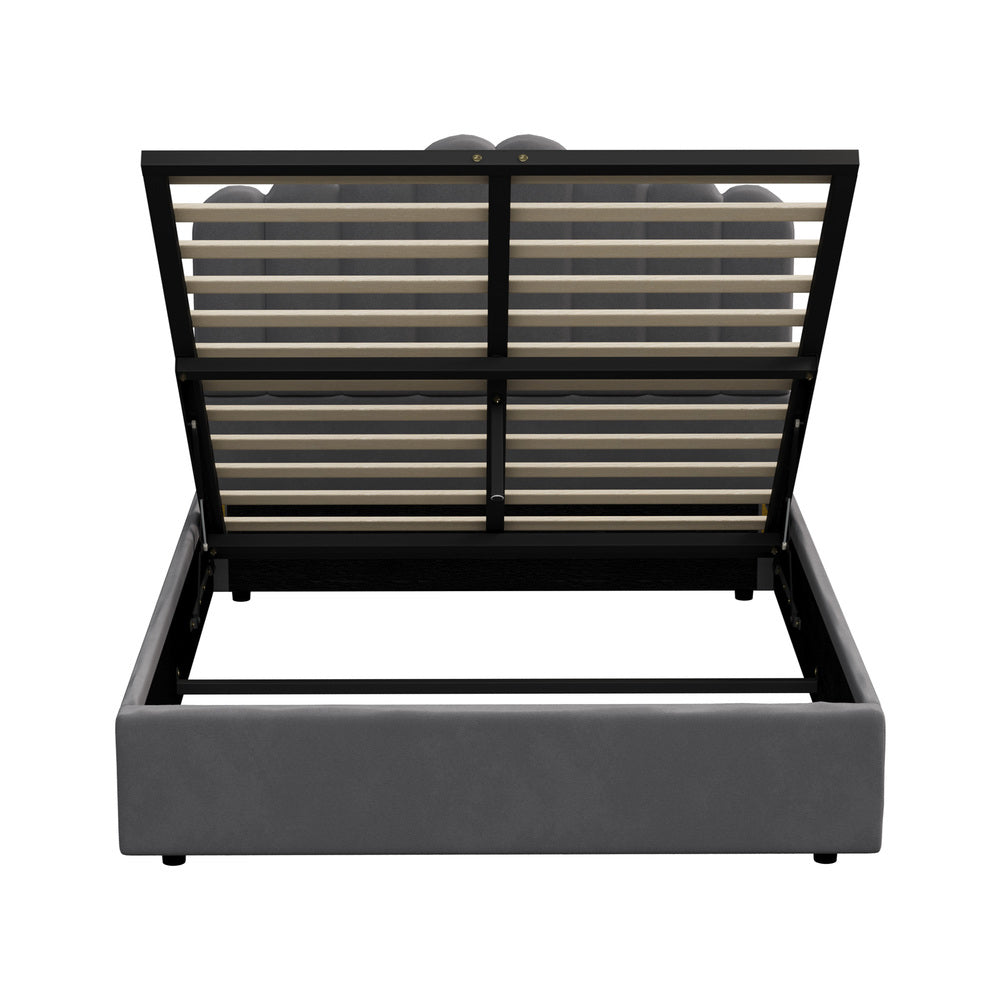 Oikiture Bed Frame Queen Size Gas Lift Velvet Grey