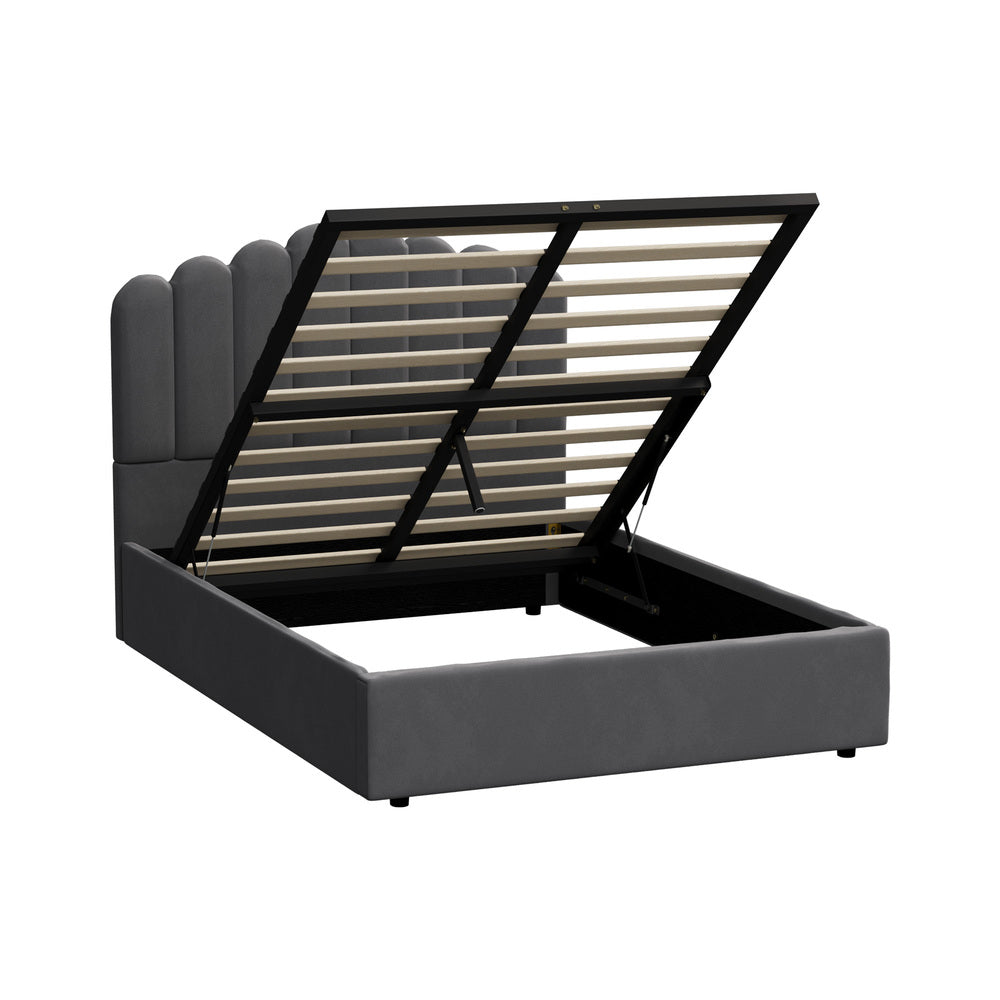 Oikiture Bed Frame Queen Size Gas Lift Velvet Grey