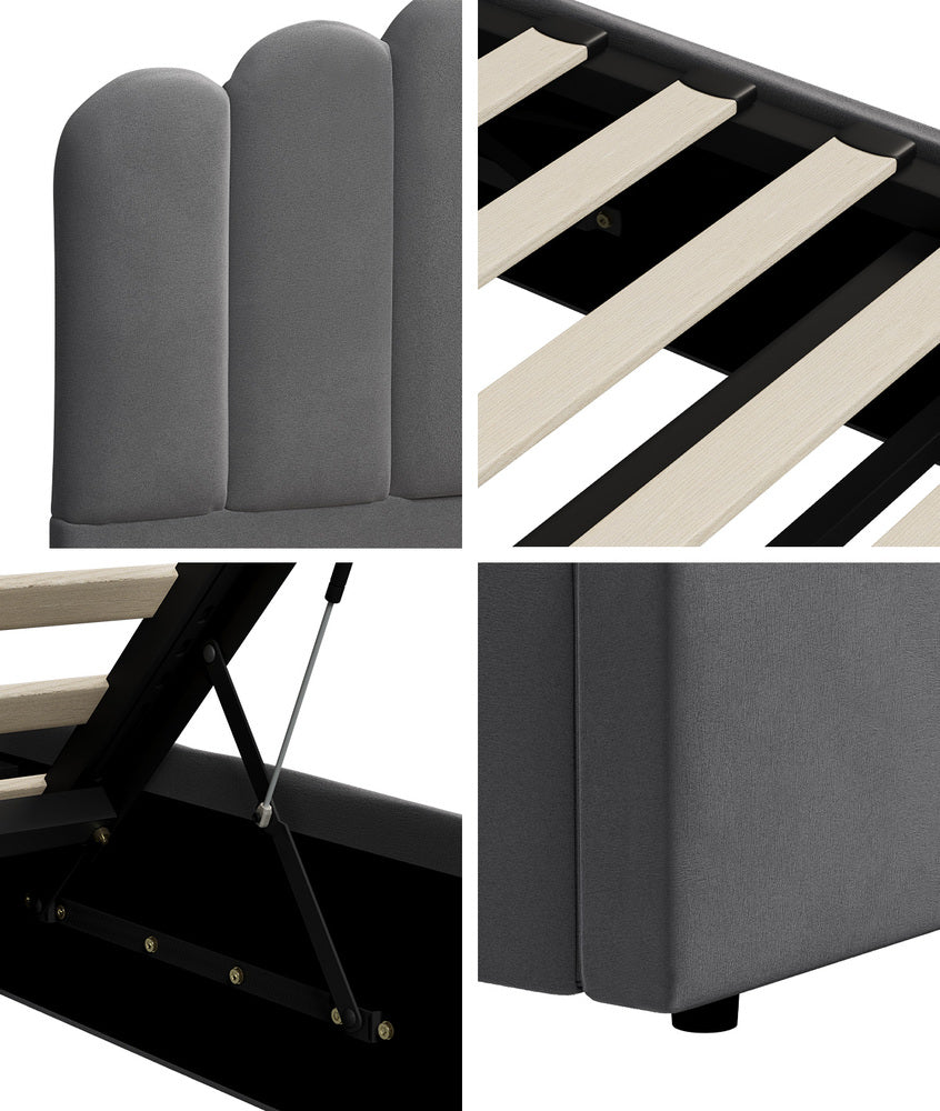 Oikiture Bed Frame Queen Size Gas Lift Velvet Grey