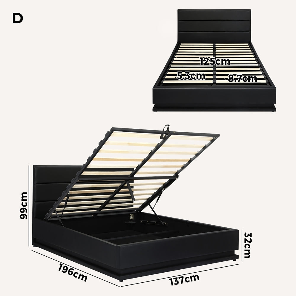 Oikiture Double Bed Frame Gas Lift RBG Storage Space Black