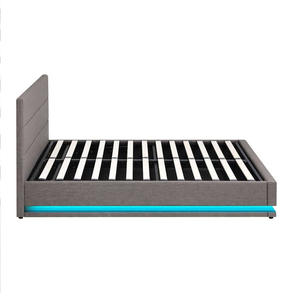 Oikiture Double Bed Frame with Gas Lift LED Storage Space Grey