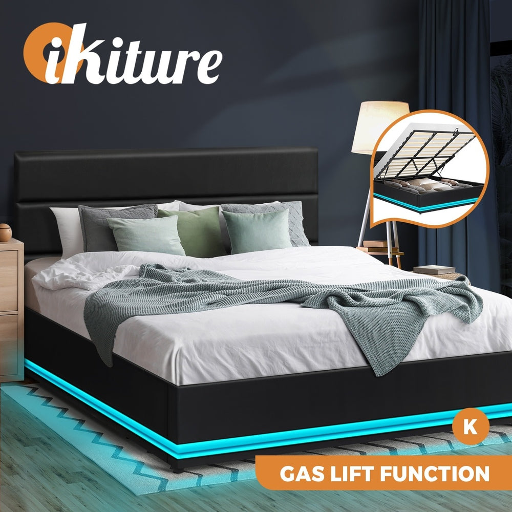 Oikiture King Bed Frame Gas Lift RGB Storage Space Black