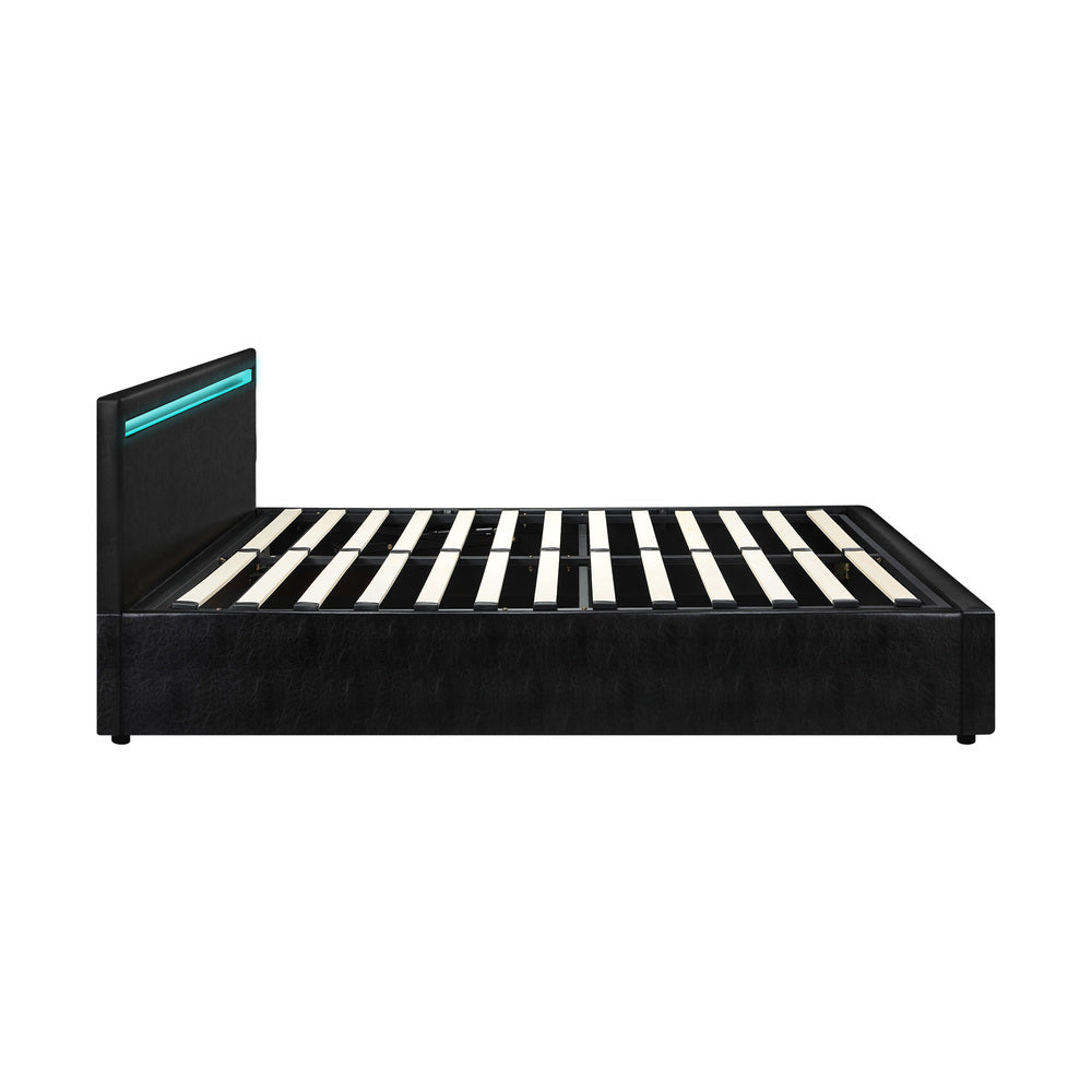 Oikiture Bed Frame RGB LED Double Size Gas Lift Storage Base Black