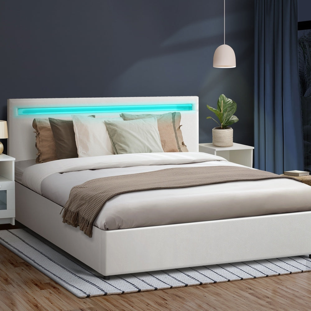 Oikiture Bed Frame RGB LED Double Size Gas Lift Storage Base White